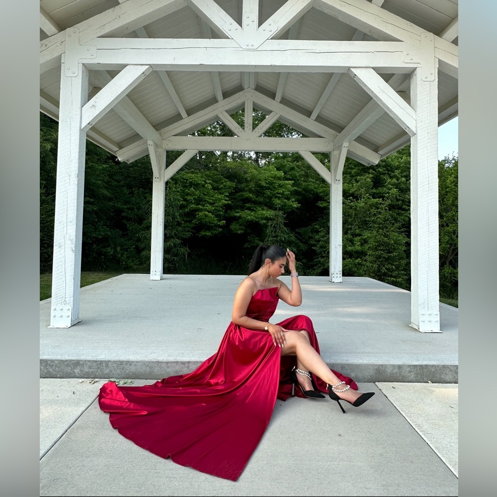 Elegant Strapless Gown W/ Sash - Ruby Red - image 2